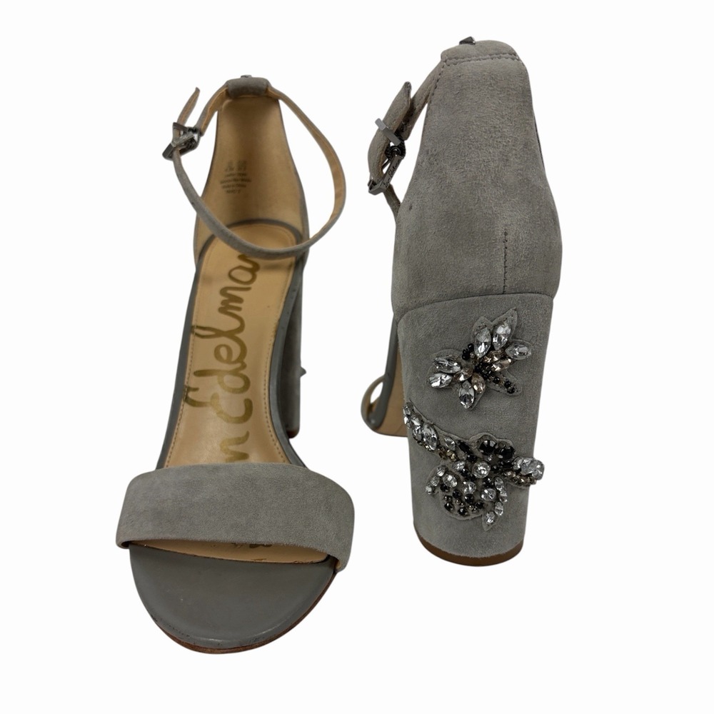 Sam Edelman Yaro 2 Jeweled Block Heel Ankle Strap Sandals Gray Suede 8.5M